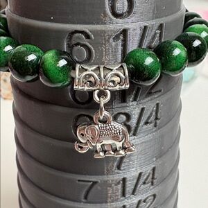Green Glass 8mm Beaded Stretch Bracelet with Elephant Charm